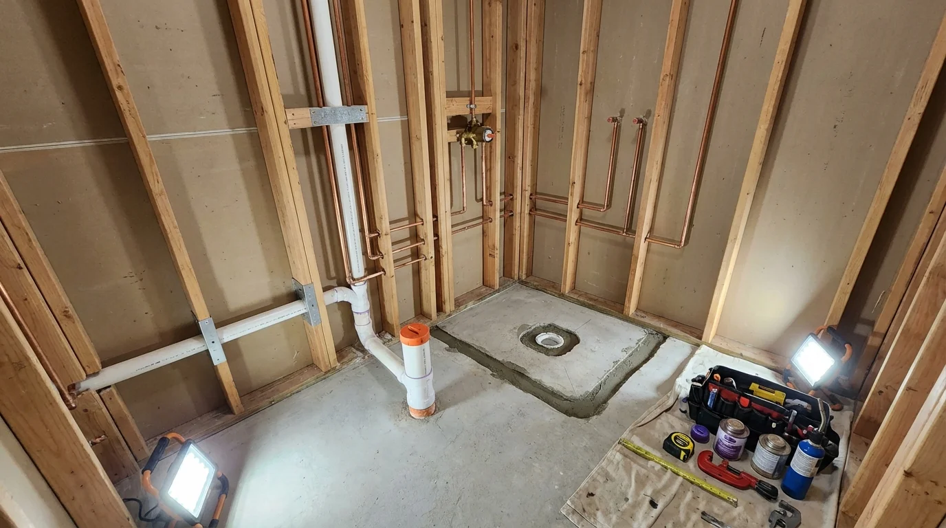 Bathroom rough-in plumbing during remodel by Johns Plumbing LLC in Knightdale