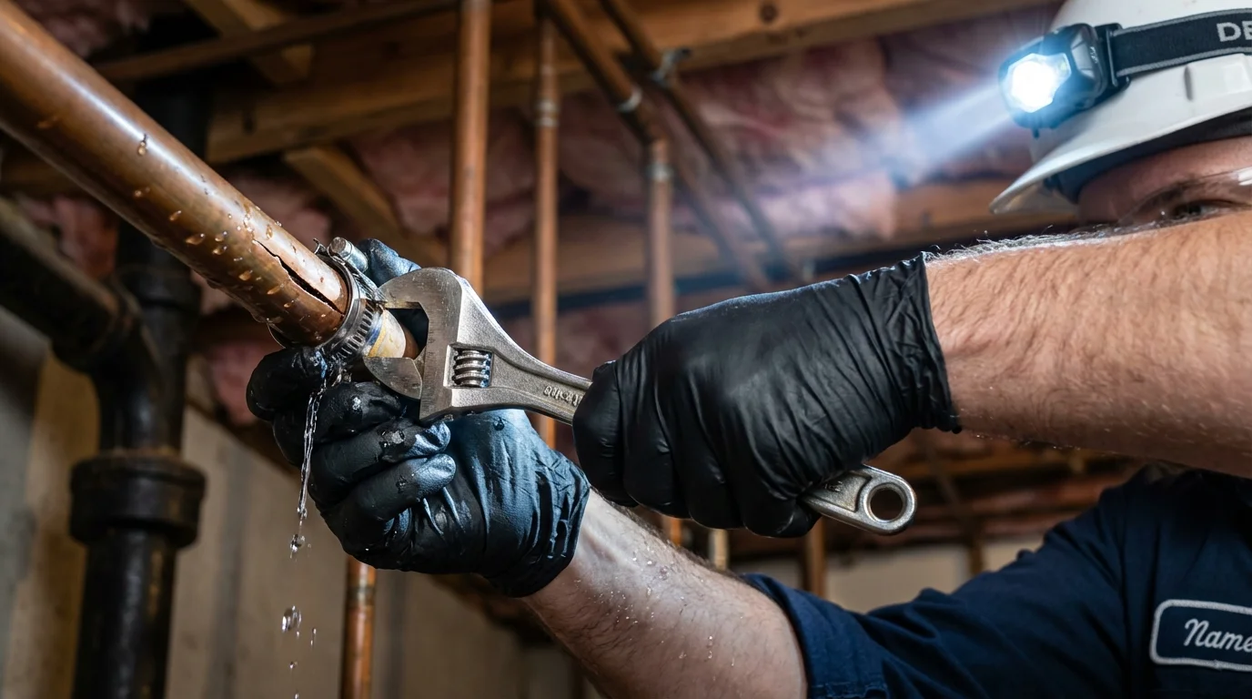 Emergency pipe clamp repair being performed by a Johns Plumbing LLC plumber in Knightdale