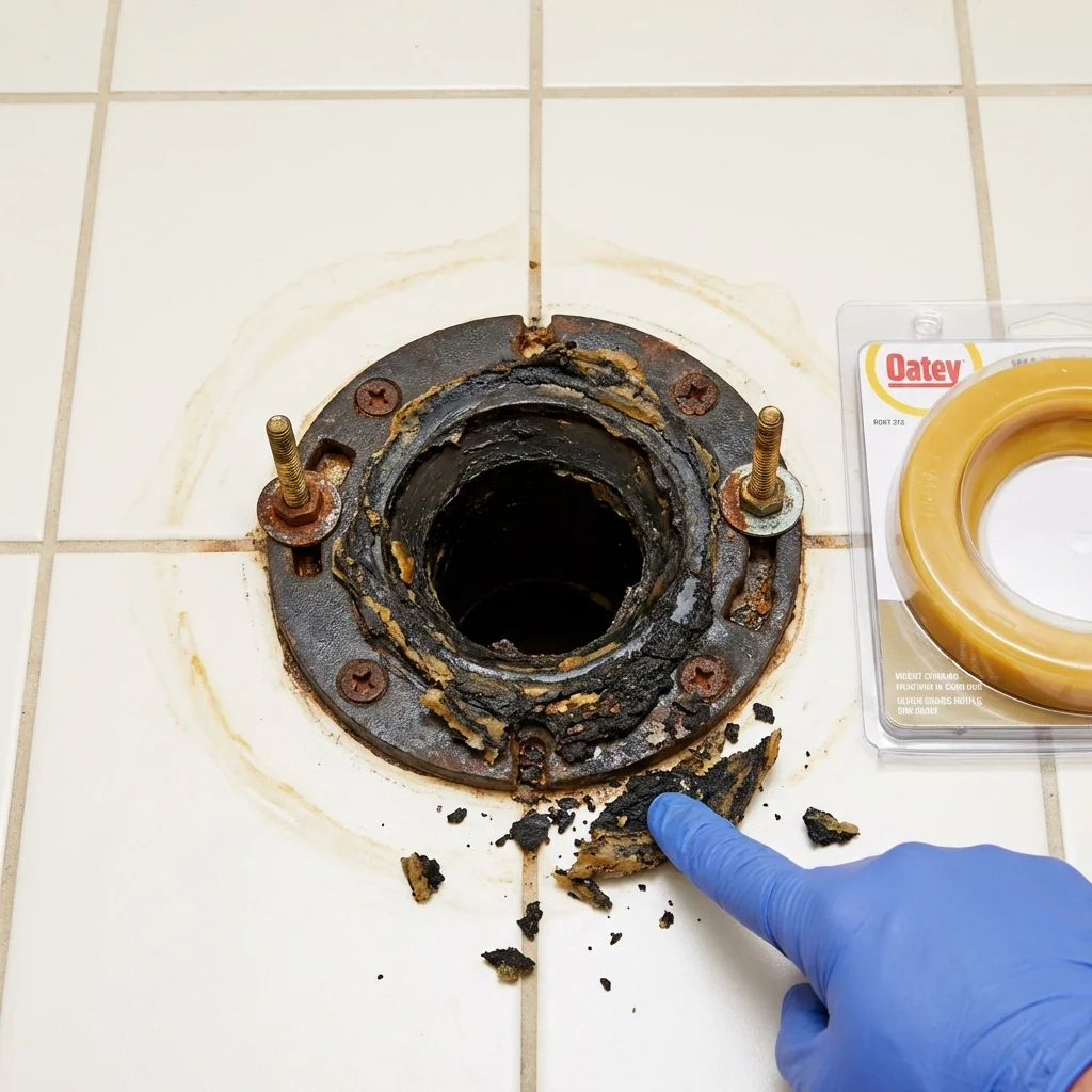 Failed wax ring showing water seepage at the base of a toilet in a Knightdale, NC home