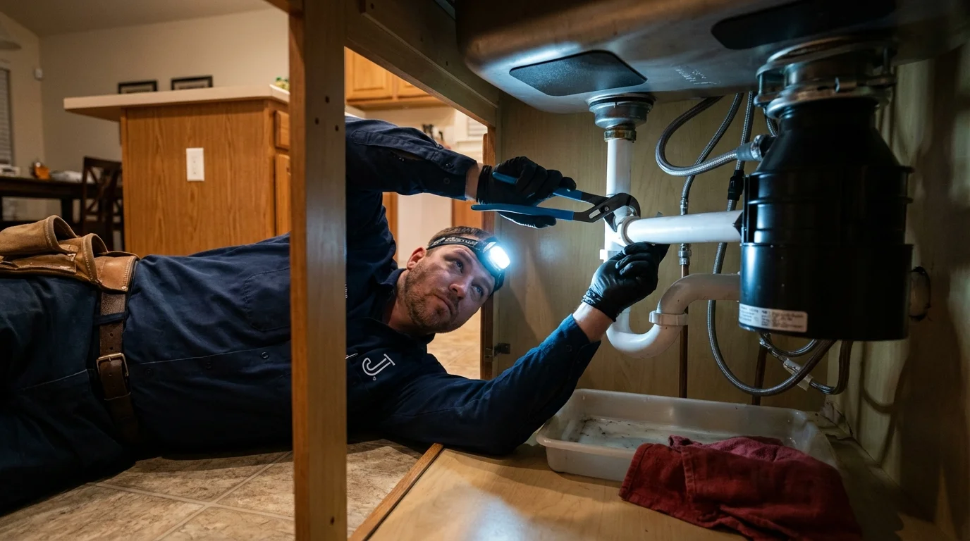 P-trap and supply line connections under a kitchen sink showing a common leak point in Knightdale, NC
